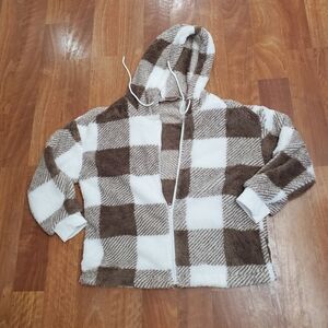 NWT SHEIN Cozy Plaid Fleece Hoodie Jacket L-XL 37-39 Bust